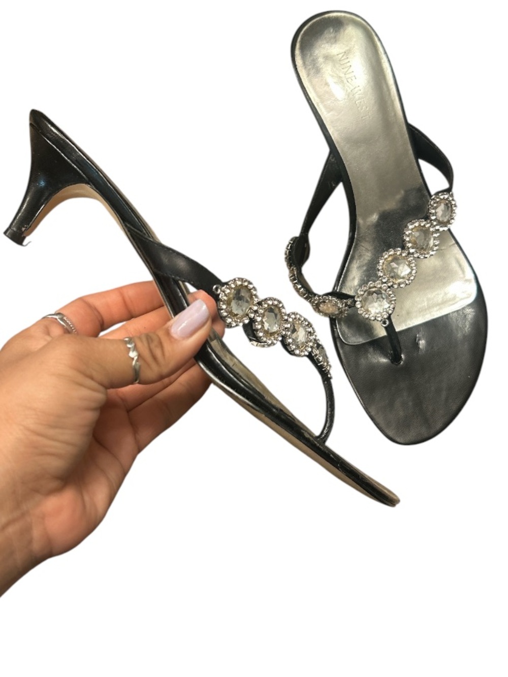 Nine West Black Rhinestone-Embellished Kitten Heeled Thong  Sandals Size 7